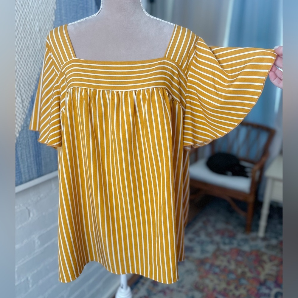 SHEIN Mustard & White Striped Square-Neck Flutter Sleeve Tunic